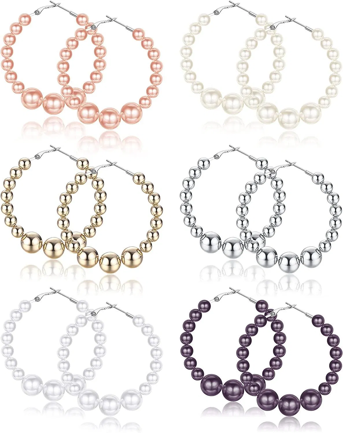 6 Pairs Pearl Hoop Earrings Pearl Earrings for Women Lightweight Faux Pearl Earrings Circle Beaded Earrings - Grocery