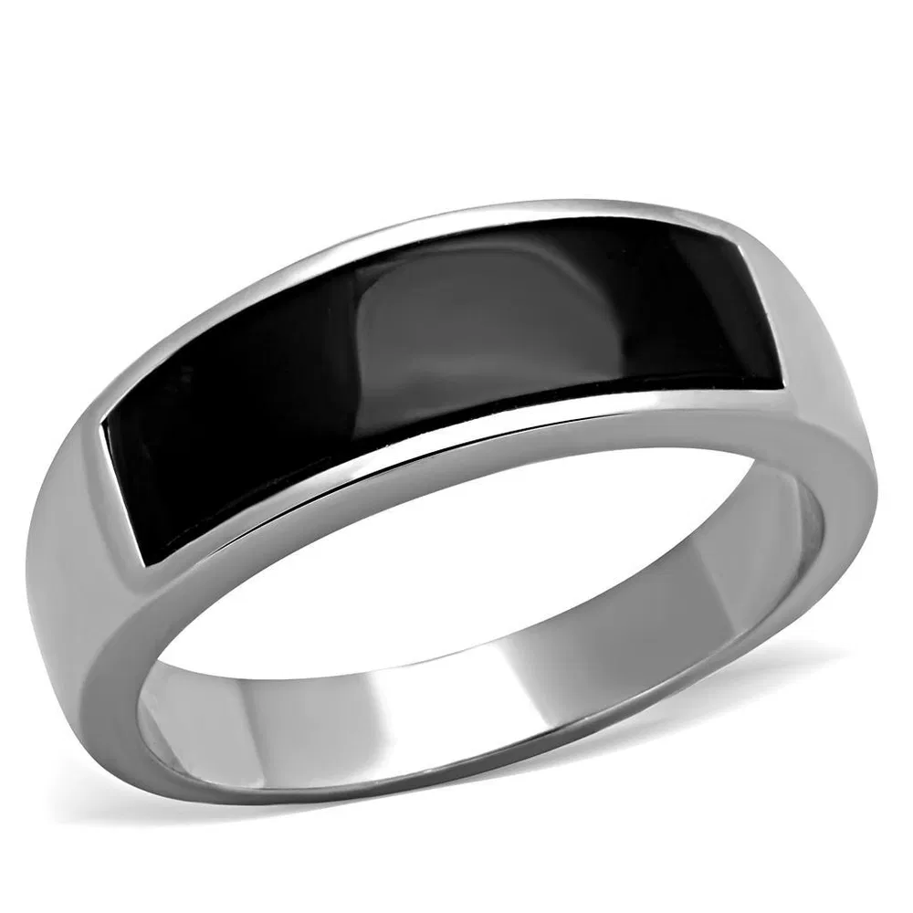 TK2062J - High polished (no plating) Stainless Steel Ring with Synthetic Onyx in Jet - Grocery