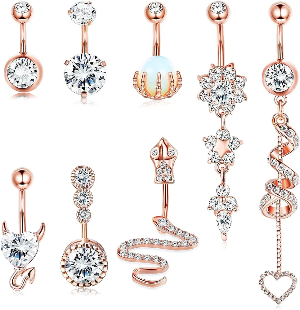 8Pcs 14G Belly Button Rings Dangle for Women Stainless Steel Snake Skull Hand with Opal Clear CZ Navel Rings Body Piercing Jewelry - Grocery