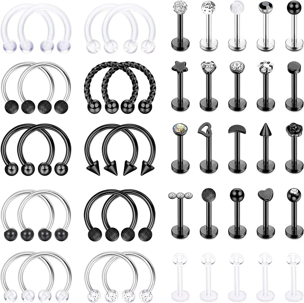 45Pcs 16G Lip Rings Stainless Horseshoe Nose Septum Rings Piercing Helix Tragus Cartilage Earring Hoop Eyebrow Lip Hoop Retainer for Women Men 8mm - Grocery