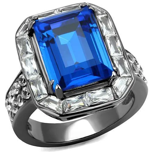 TK2758 - IP Light Black (IP Gun) Stainless Steel Ring with Top Grade Crystal in Capri Blue - Grocery
