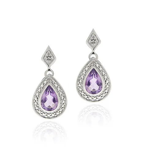 Sterling Silver Amethyst & Diamond Accent Teardrop Dangle Earrings - Grocery