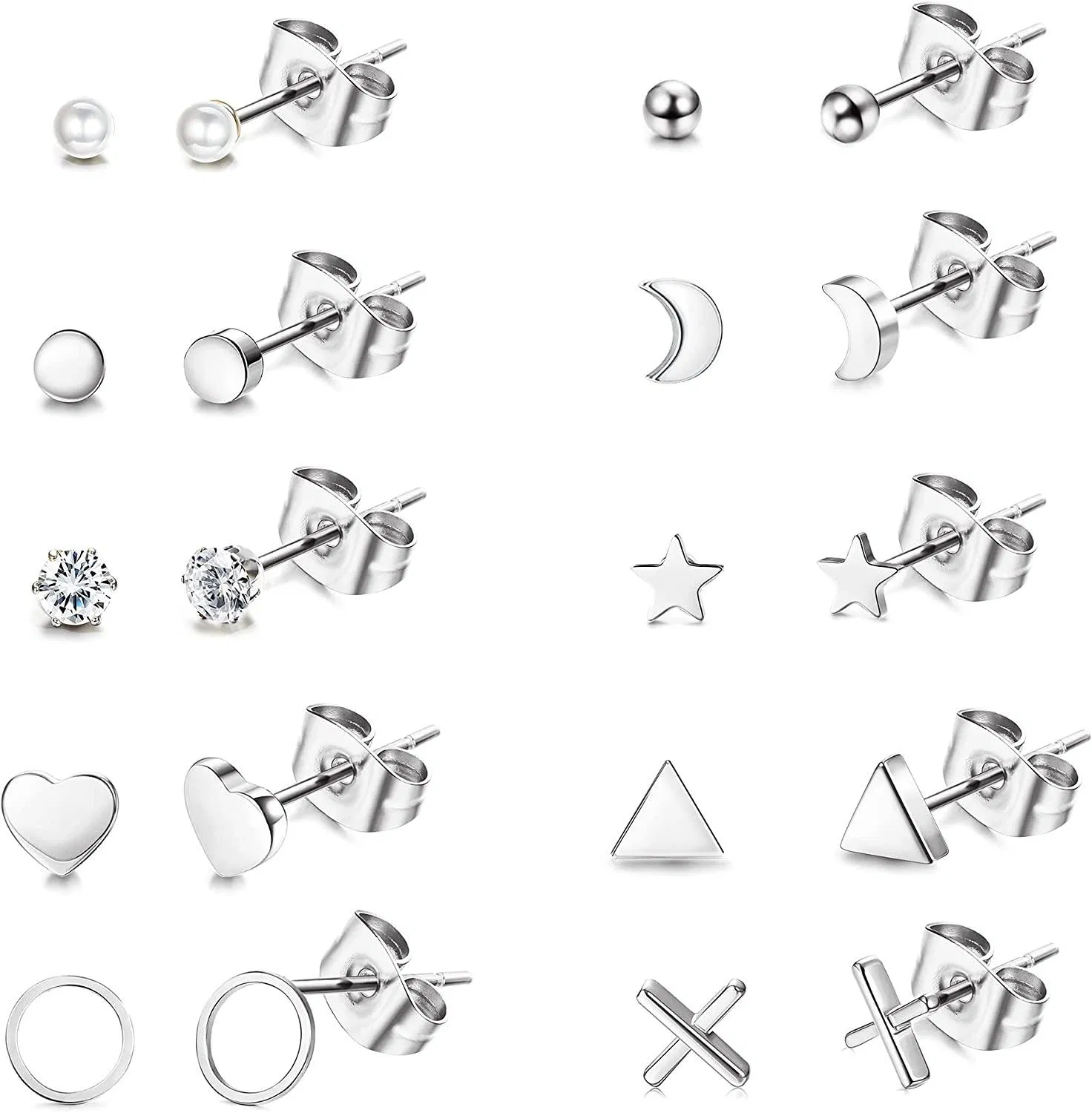 10 Pairs Stainless Steel Tiny Stud Earrings for Women Men Geometric Earring Heart Triangle Round Star Moon Mini Ball CZ Small Earrings Set - Grocery