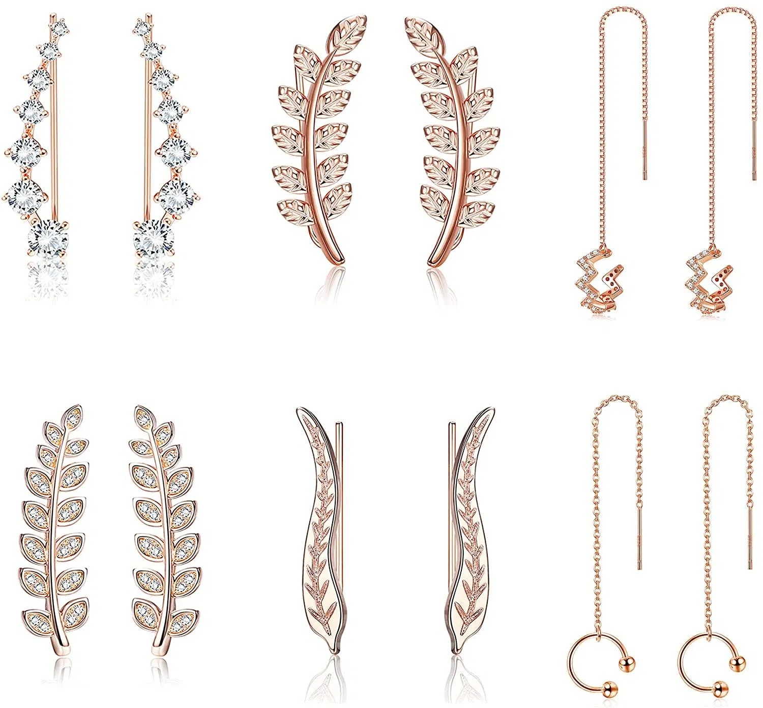 6 Pairs Ear Cuff Climber Hoop Stud Earring CZ Leaf Curved Crawler Ear Jackets Wave Cuff Wrap Tassel Threader Chain Earring Set for Women - Grocery