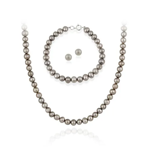 Sterling Silver 5.5-6mm Genuine Freshwater Cultured Grey Pearl Necklace Bracelet & Stud Earrings Set - Grocery