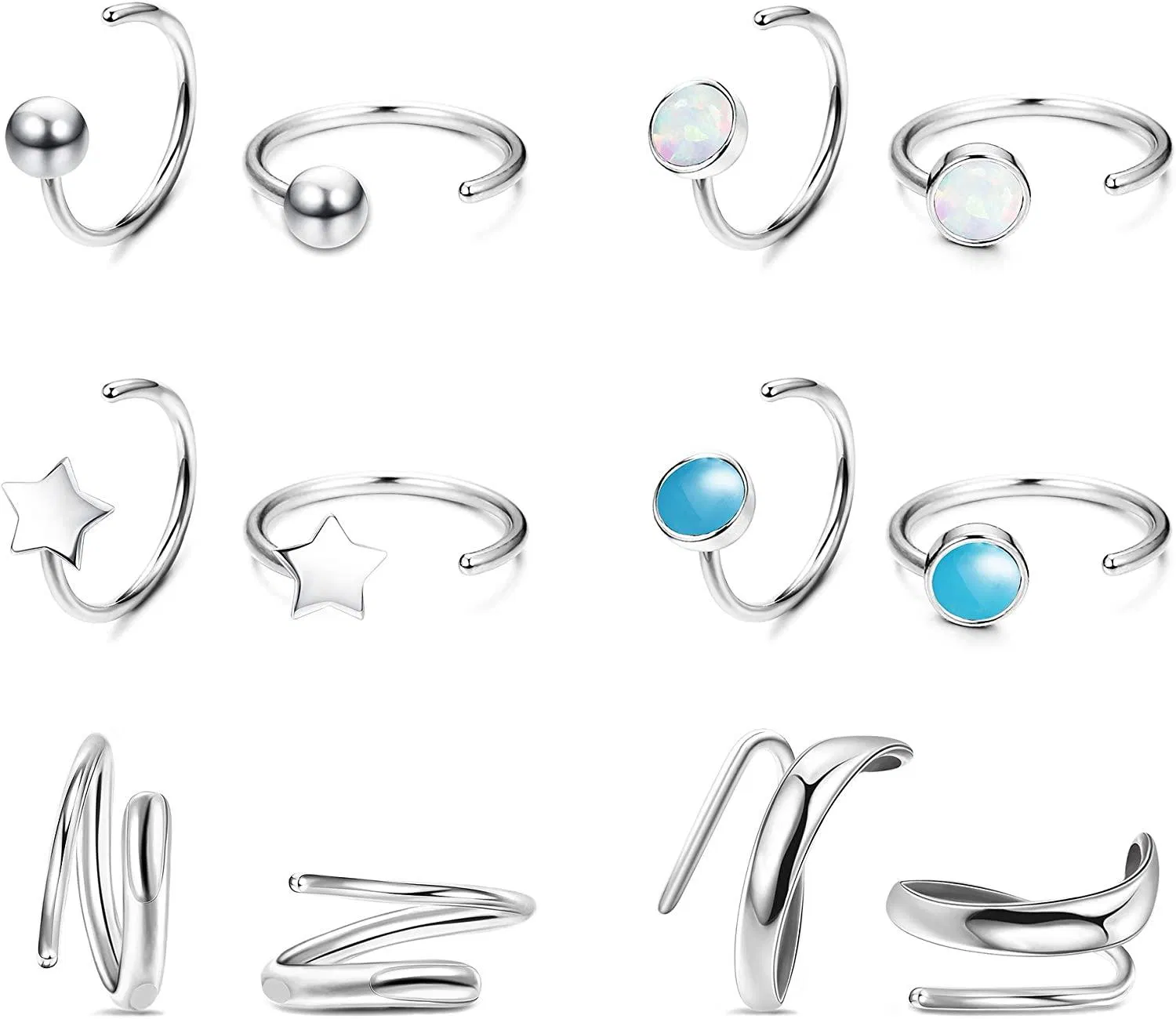 6 Pairs Stainless Half Hoop Earrings Small Hug Hoop Earrings Tiny Ball Opal HuggieCartilage Twist Crawler Wrap Earring for Women - Grocery