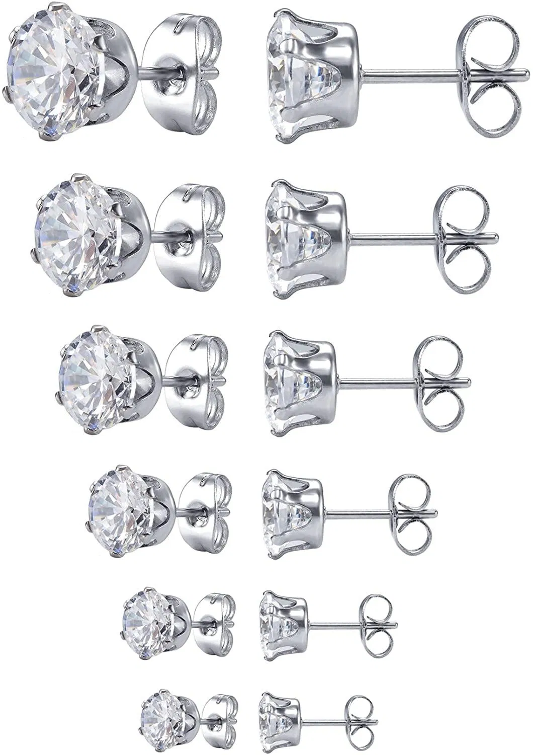 Jewelry Women's Stainless Steel Round Clear Cubic Zirconia Stud Earring (6 Pairs) - Grocery