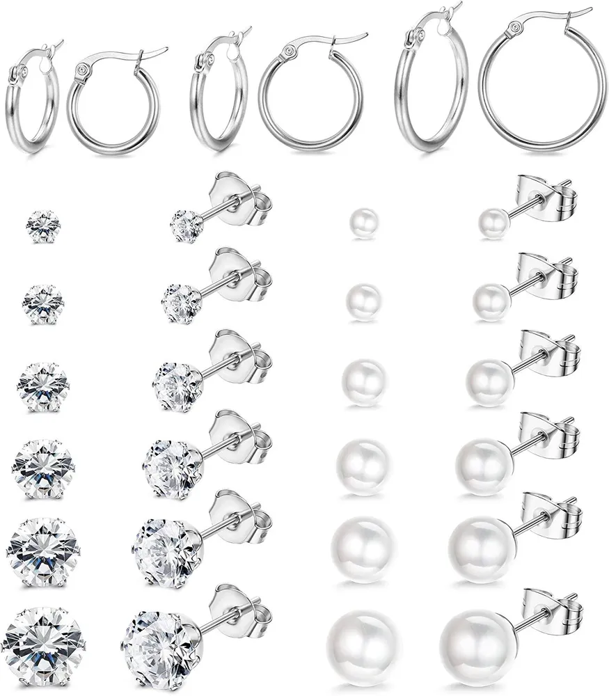 15pairs Stud Earrings for Women Hoop Earrings Stainless Flat Ball Fake Pearl CZ Earring Set; Sliver Tone - Grocery