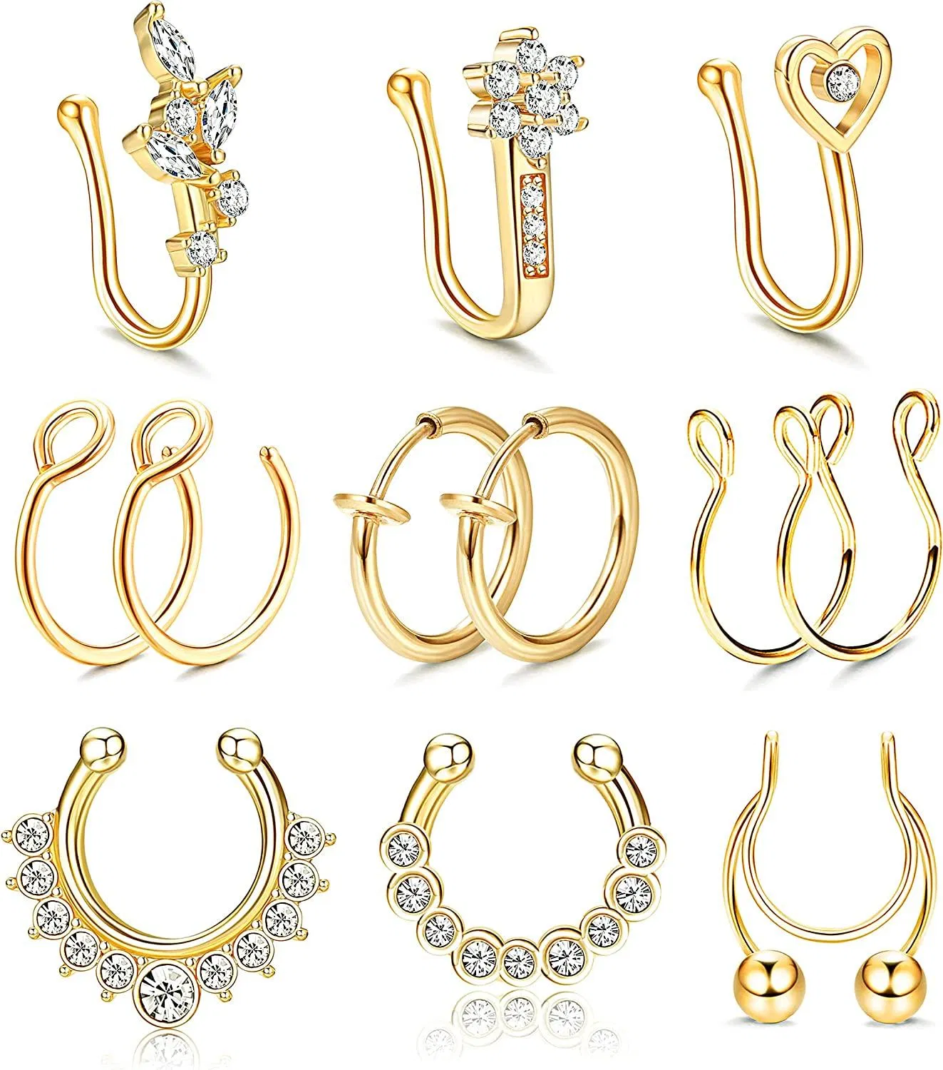 Fake Nose Rings for Women Men Stainless Spring Clip on Nose Ring CZ Fake Nose Ring Hoop Non Pierced Faux Piercing Septum Nose Ring - Grocery