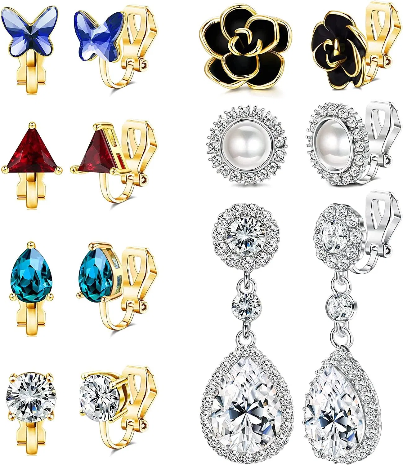 7 Pairs Clip On Earrings for Women Colorful CZ Non Pierced Stud Earrings Clip on Dangle Earrings Ear Clip Set - Grocery