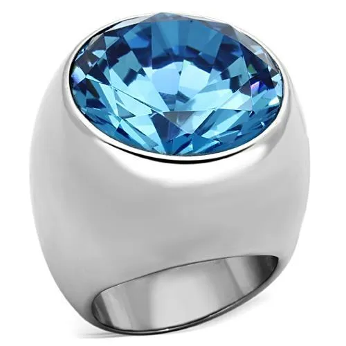 TK1367 - High polished (no plating) Stainless Steel Ring with Synthetic Synthetic Glass in Sea Blue - Grocery
