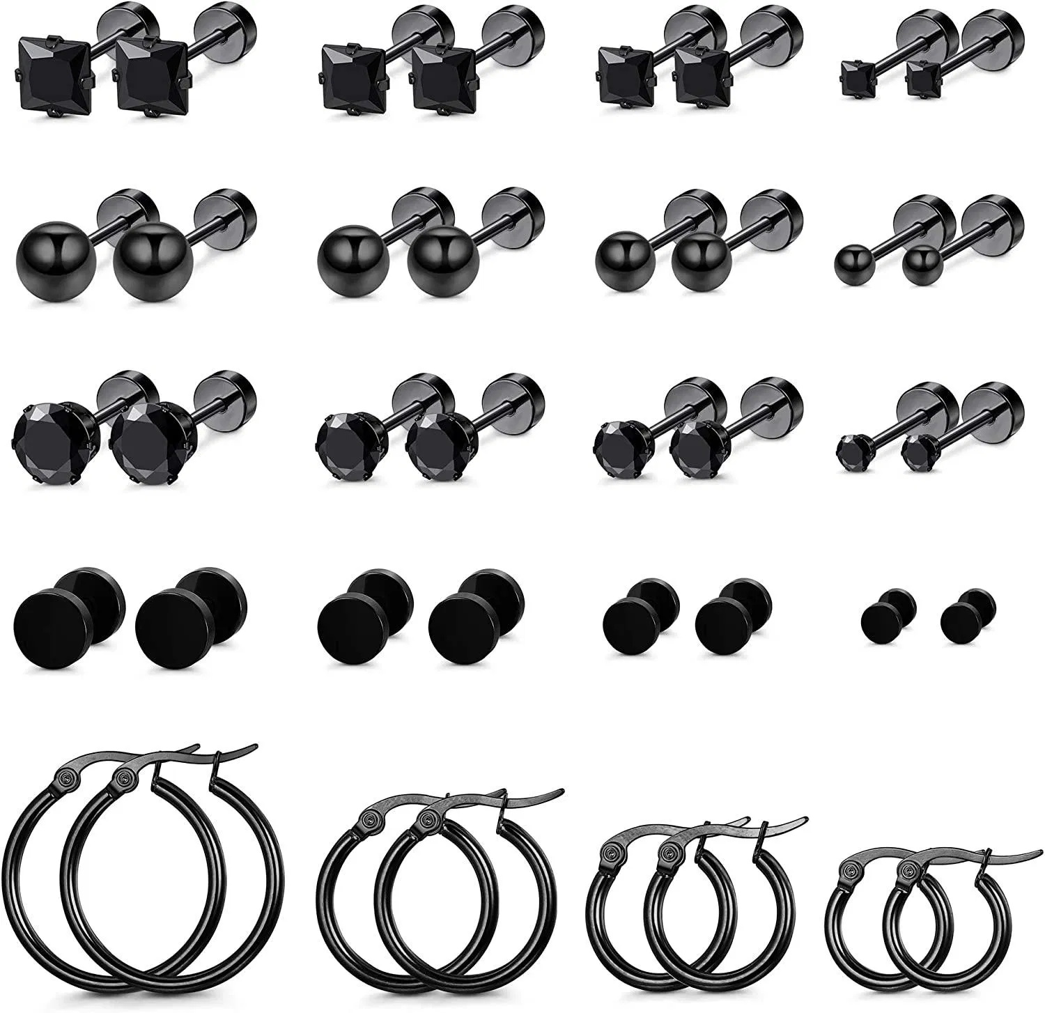 20 Pairs Flat Back Stud Hoop Earrings for Men Women Stainless Hoop Huggie Earrings Barbell CZ Ball Cartilage Earrings Piercing Set - Grocery