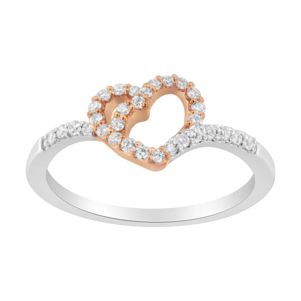 10K Rose Gold over .925 Sterling Silver 1/5 Cttw Diamond Two Tone Open Heart Promise or Fashion Ring (I-J Color, I2-I3 Clarity) - Grocery