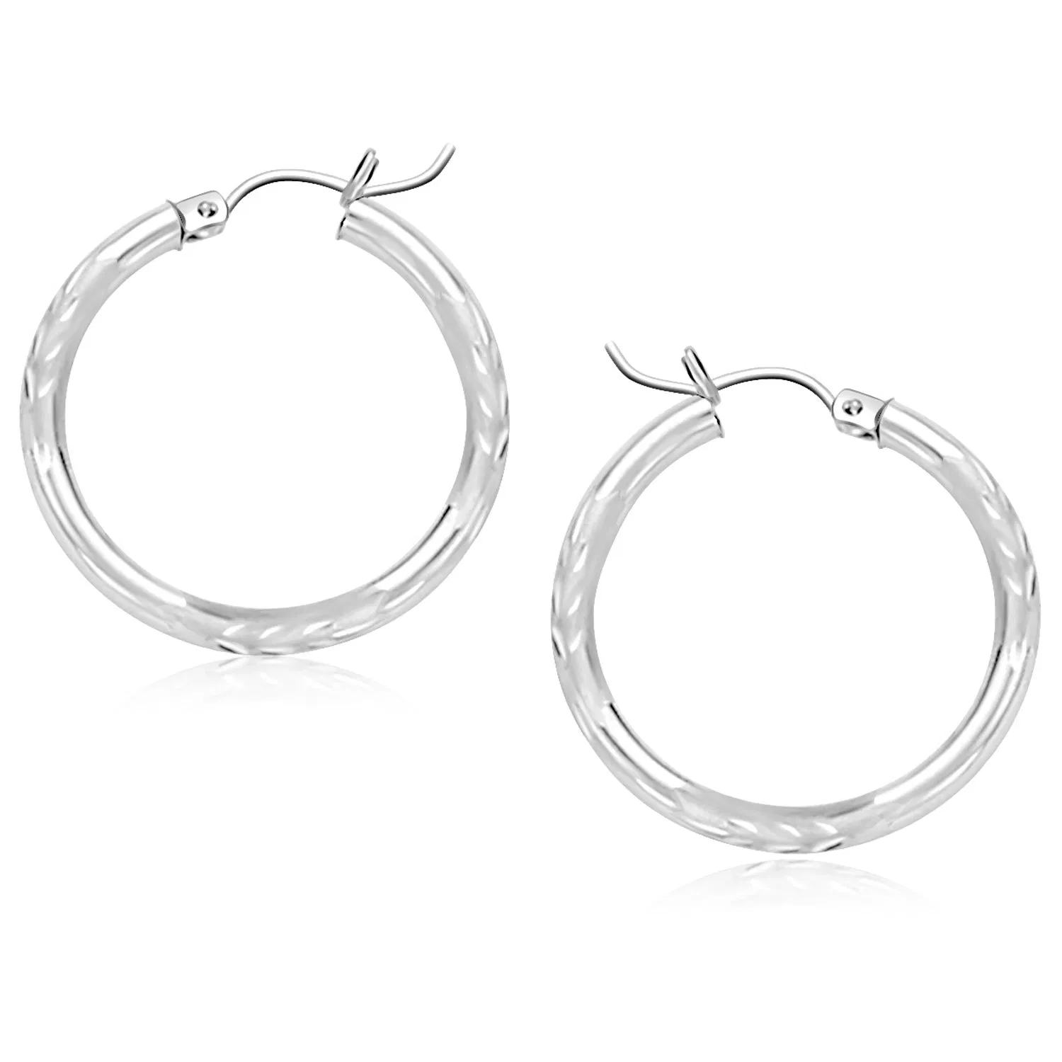 14k White Gold Diamond Cut Hoop Earrings (3x25mm) - Grocery
