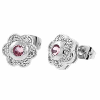Sterling Silver Pink & White CZ Flower Stud Earrings - Grocery