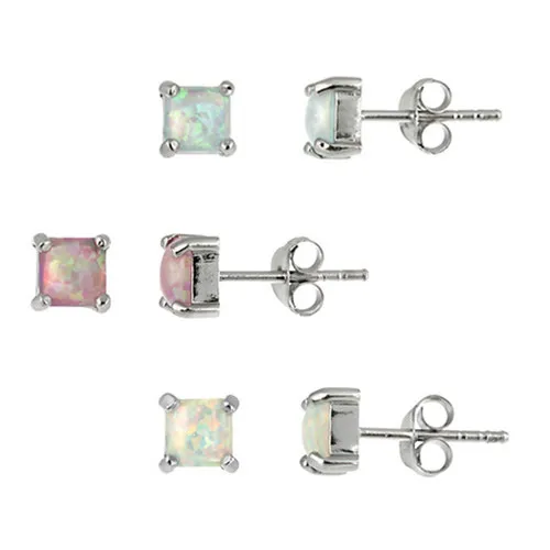 Sterling Silver Pink, Blue, and White Square Created Opal Stud Earrings Set - Grocery