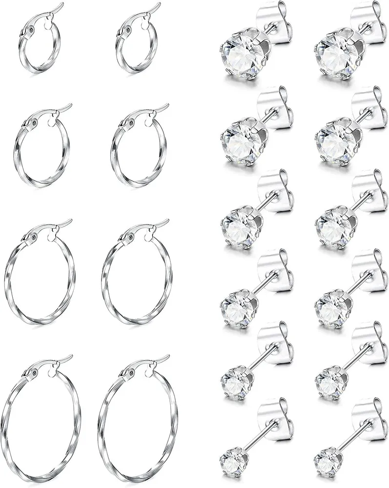 10 Pairs Stainless Stud Earrings Small Hoop Earrings Set for Women Tiny Cartilage Earring Cubic Zirconia Mini Hoops Huggie Earrings - Grocery