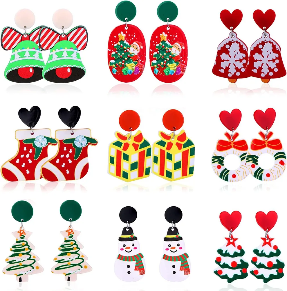 9 Pairs Christmas Earrings for Women Lightweight Acrylic Dangle Earrings Bell Tree Snowflake Santa Stockings Drop Holiday Earrings Christmas Gifts - Grocery