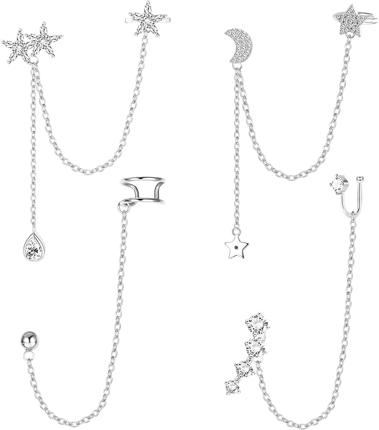 4 Pcs Cuff Chain Earrings for Women Asymmetric Moon Star CZ Ear Cuff Draping Crawler Studs Earring Chain Climber Dangle Earrings - Grocery