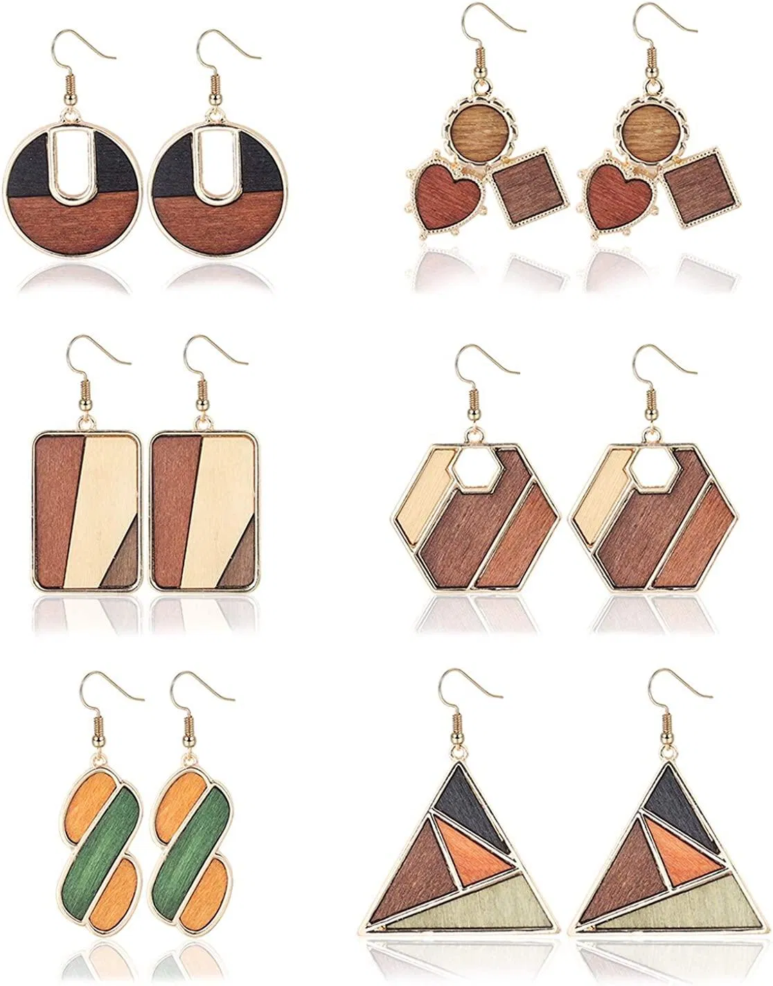 6 Pairs Wood Earrings for Women Natural Wooden Drop Earrings Fashion Statement Geometric Round Dangle Earrings - Grocery