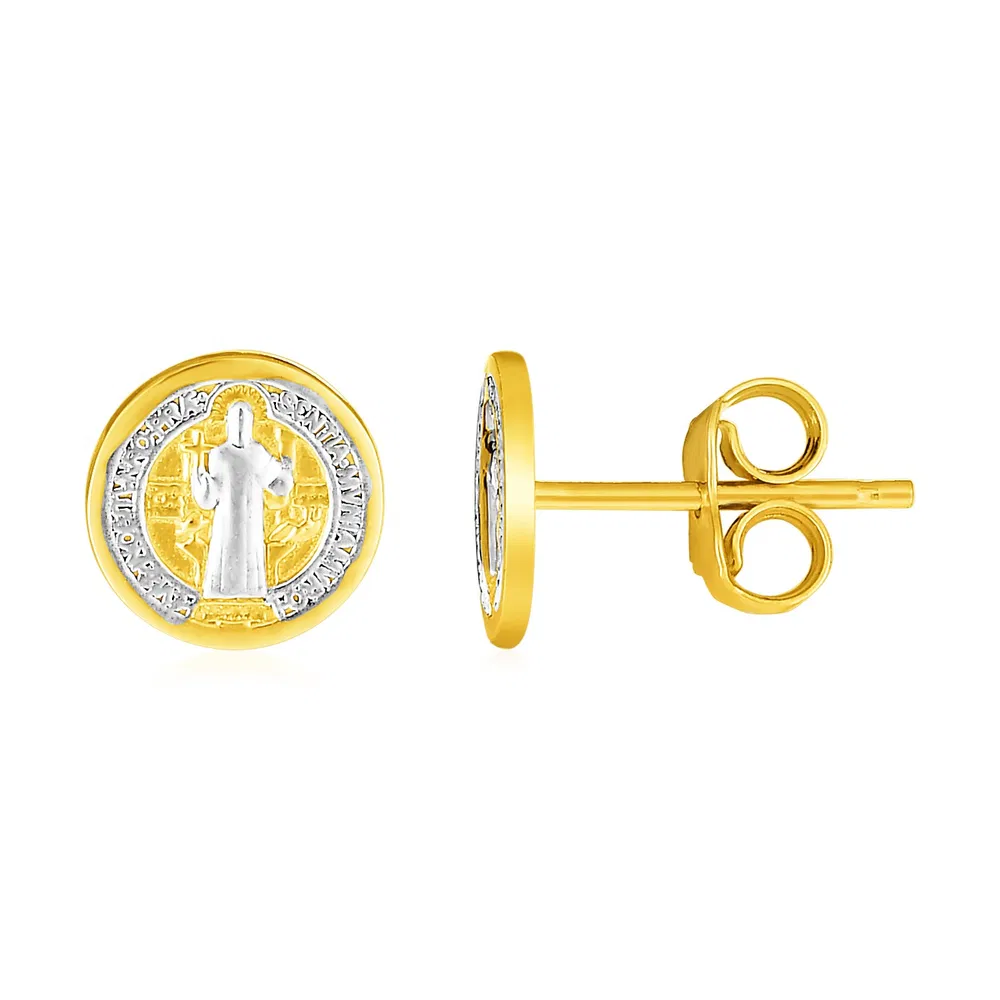 14k Two Tone Gold Round Religious Medal Post Earrings(8mm) - Grocery