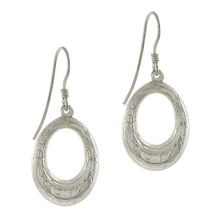 Sterling Silver Oval Flower Puff Dangle Earrings - Grocery