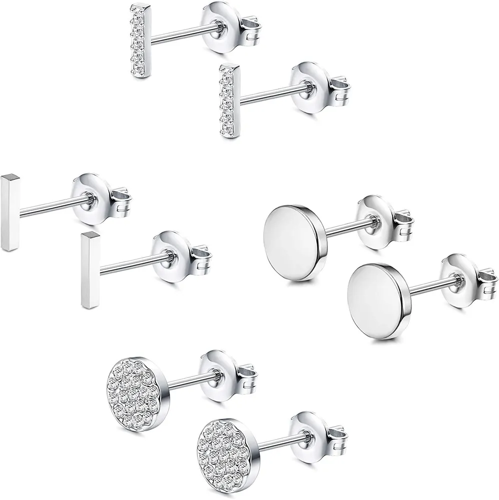 4 Pairs 925 Sterling Silver Ear Pins Stainless Bar Dot Round Stud Earrings Set With Austria Crystals for Women - Grocery
