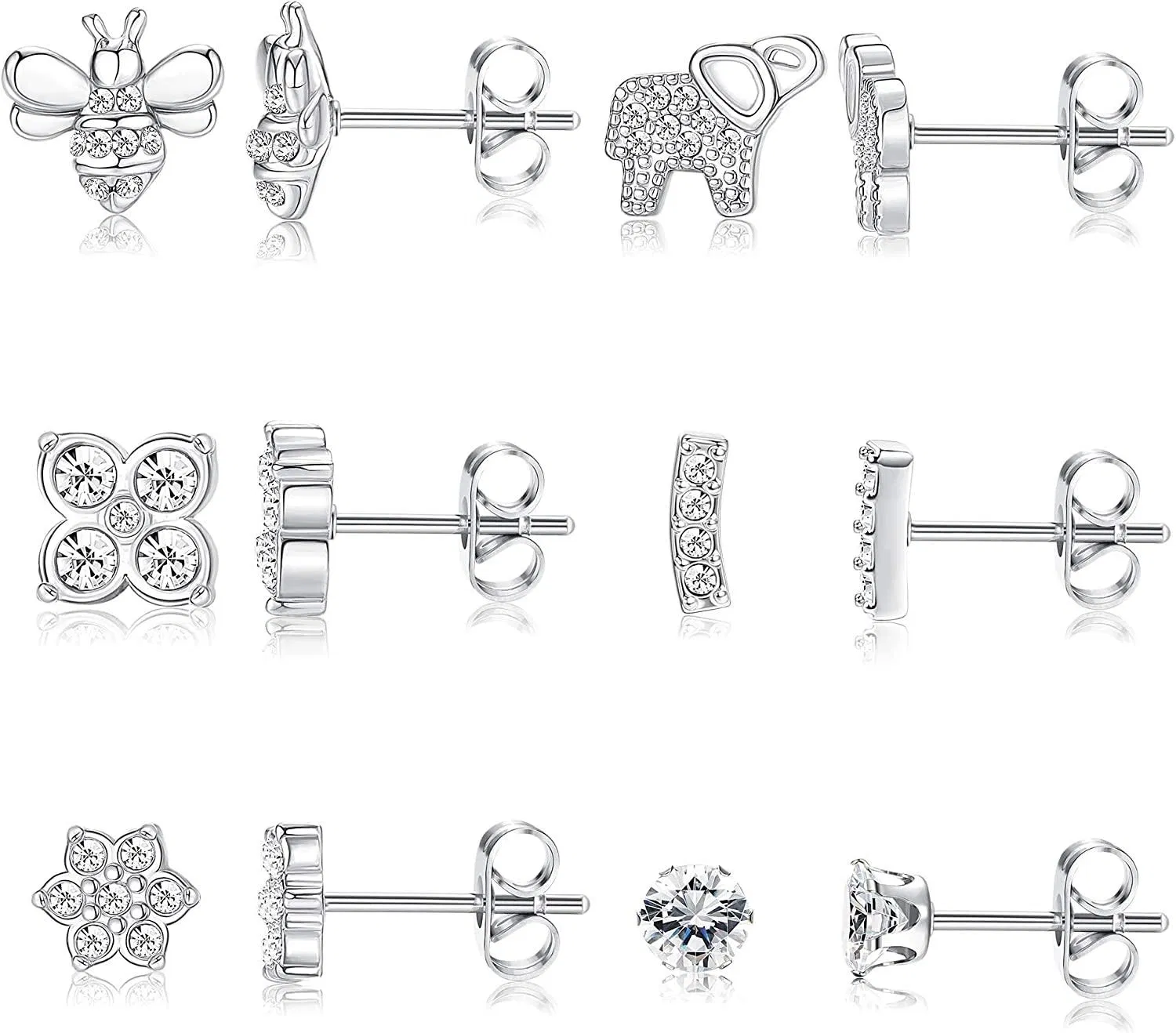 6 Pairs Bee Elephant Cuff Bar Flower Stud Earrings for Women Sparkling Cubic Zirconia Inlaid Delicate Stud Earrings Set - Grocery