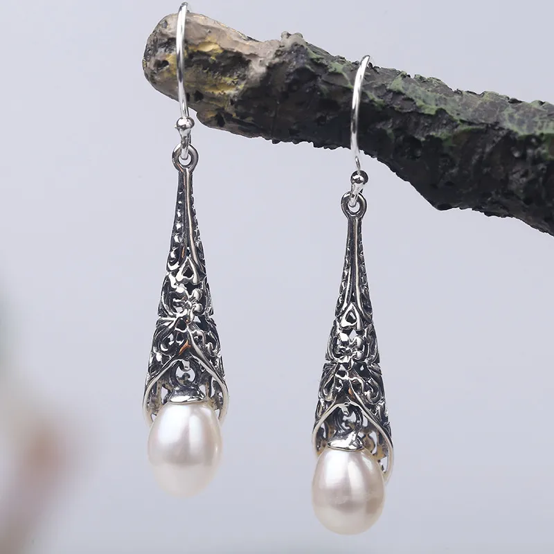 925 Sterling Silver Earrings Baroque Long Pearl Earrings Thai Silver Vintage Earrings - Grocery