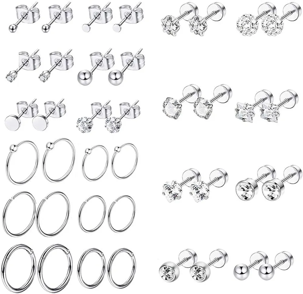 Tiny 2mm Stainless Small Stud Earrings for Men Women Small CZ Round Ball Hoop Earrings Set Tragus Helix Piercing Earrings - Grocery