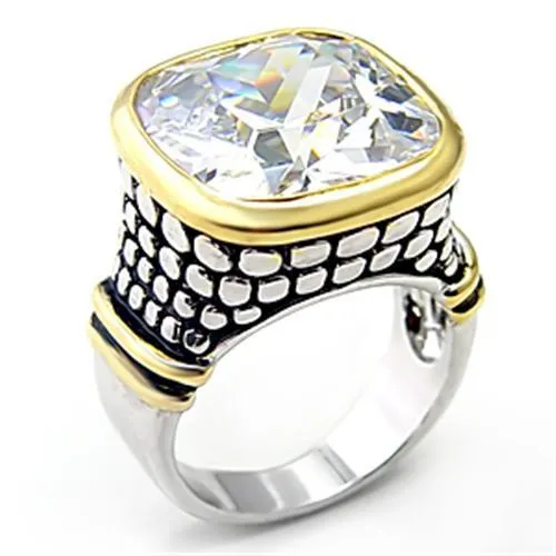 7X047 - Reverse Two-Tone Brass Ring with AAA Grade CZ in Clear - Grocery