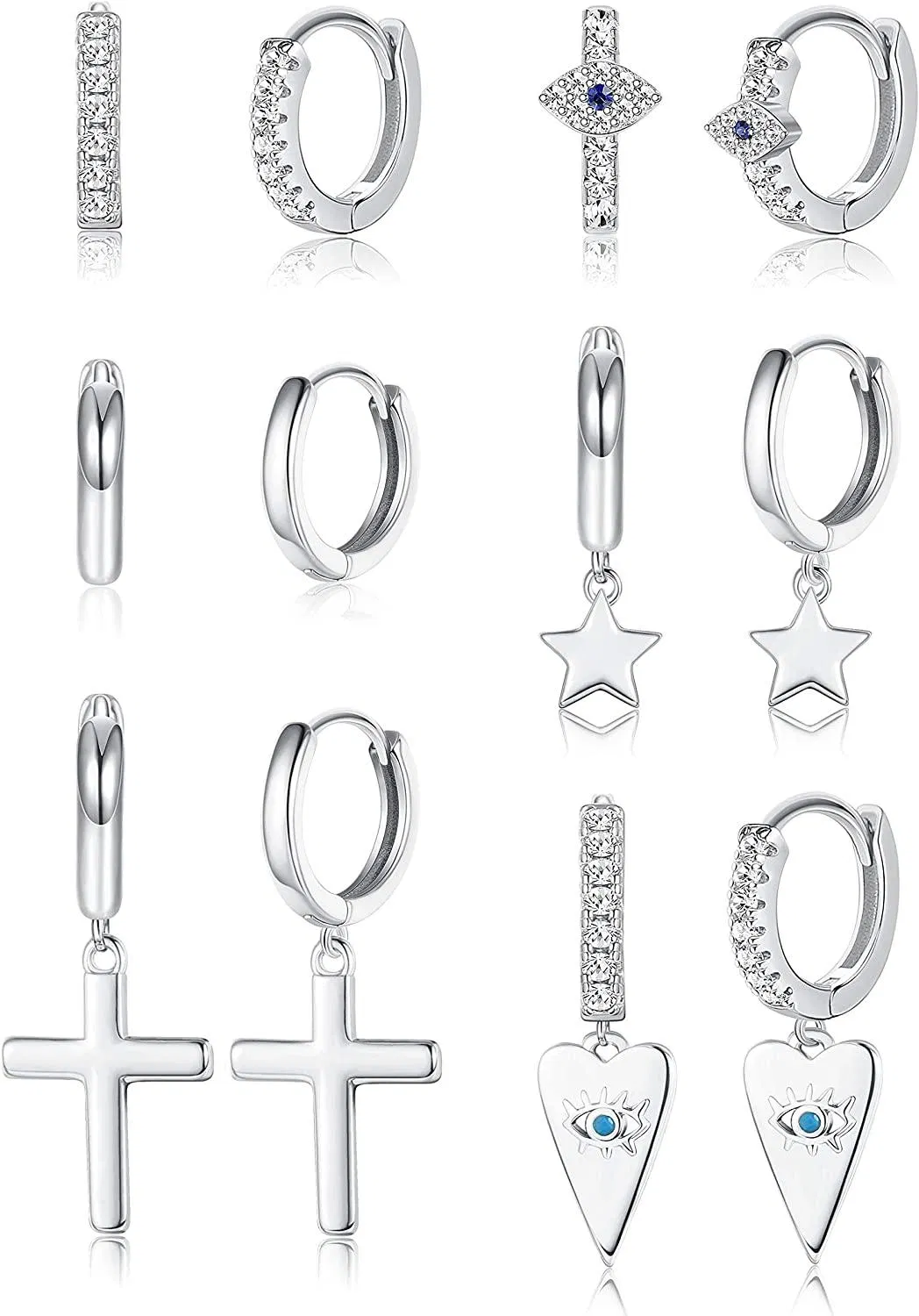 6 Pairs Evil Eye Huggie Hoop Earrings for Women Tiny Heart Star Cross Pendant CZ Huggie Hoop Earrings Dainty Cute Dangle Hoop Sleeper Earrings Gift - Grocery
