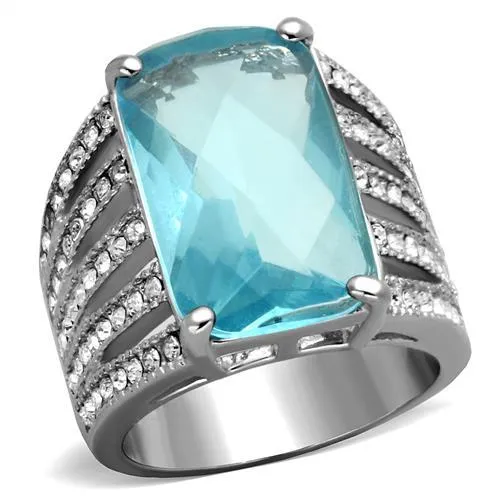 TK1826 - High polished (no plating) Stainless Steel Ring with Synthetic Synthetic Glass in Sea Blue - Grocery