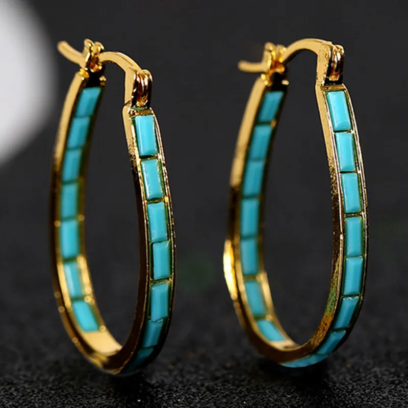 U Shape Hoop Earrings Inlaid Square Shape Synthetic Gems Fashion Piercing Earrings Jewelry 1 Pair - Grocery