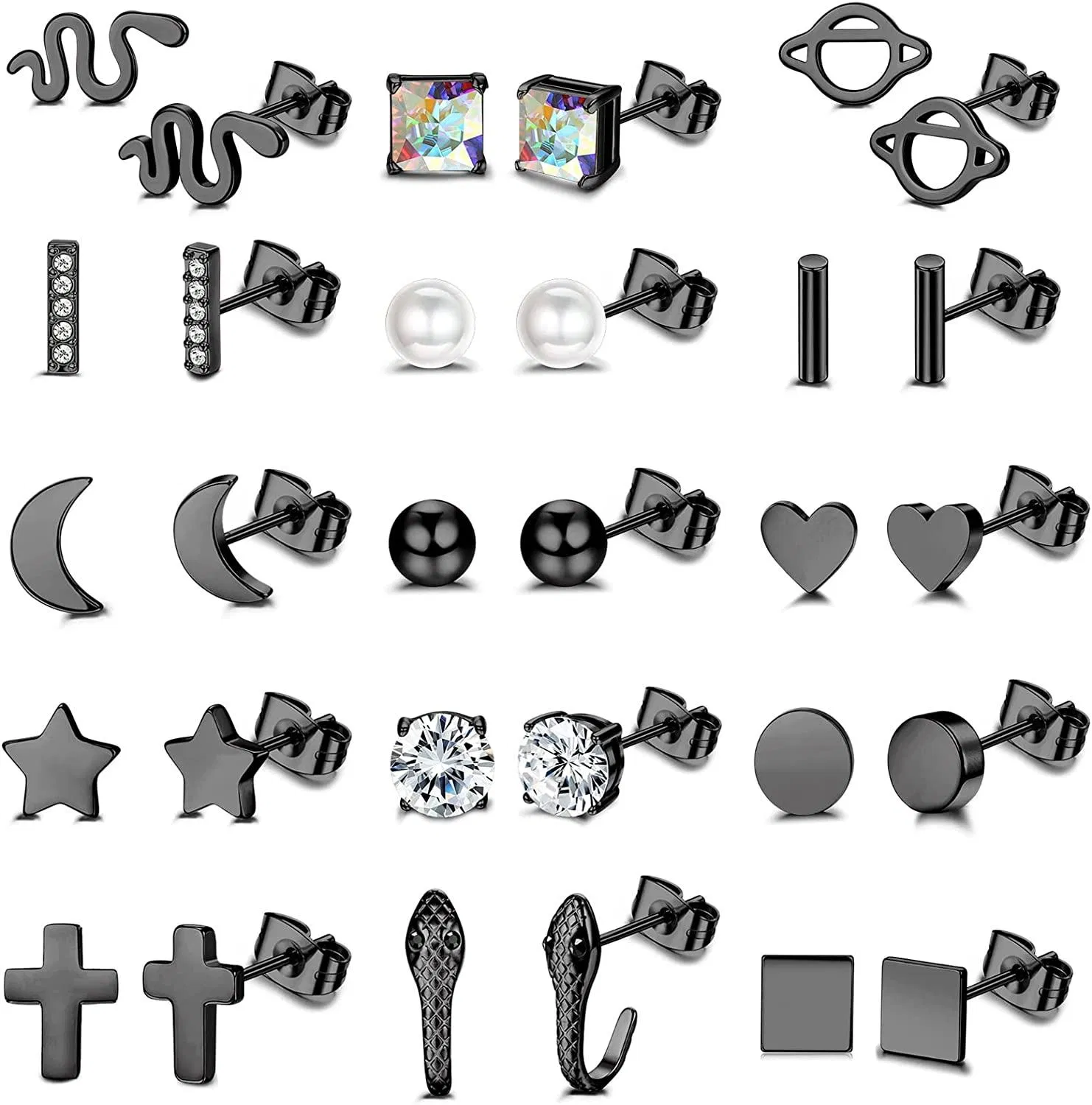15Pairs Stud Earrings Stainless Tiny Cute Stud Earrings for Women Men Bar Ball Star Snake Heart Pearl Stud Earrings CZ Earrings Set - Grocery
