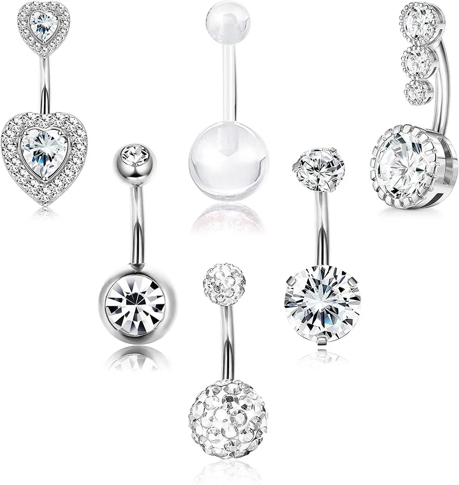 Belly Button Rings Surgical Reverse Navel Rings for Women Curved Barbell CZ Cute Body Piercing Jewelry 14G 6Pcs - Grocery