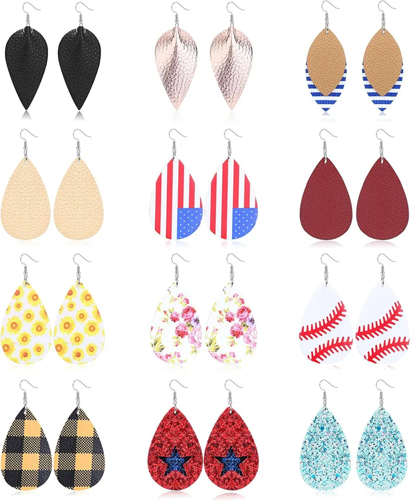 12 Pairs Lightweight Faux Leather Earrings Teardrop Leaf Star Printed Drop Dangle Earrings Set for Women - Grocery