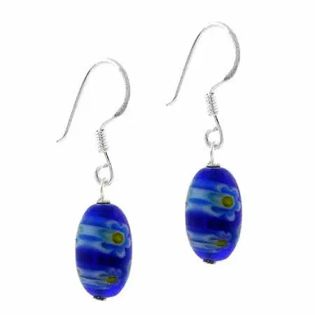 Sterling Silver Murano Glass Blue Millefiori Oval Dangle Earrings - Grocery