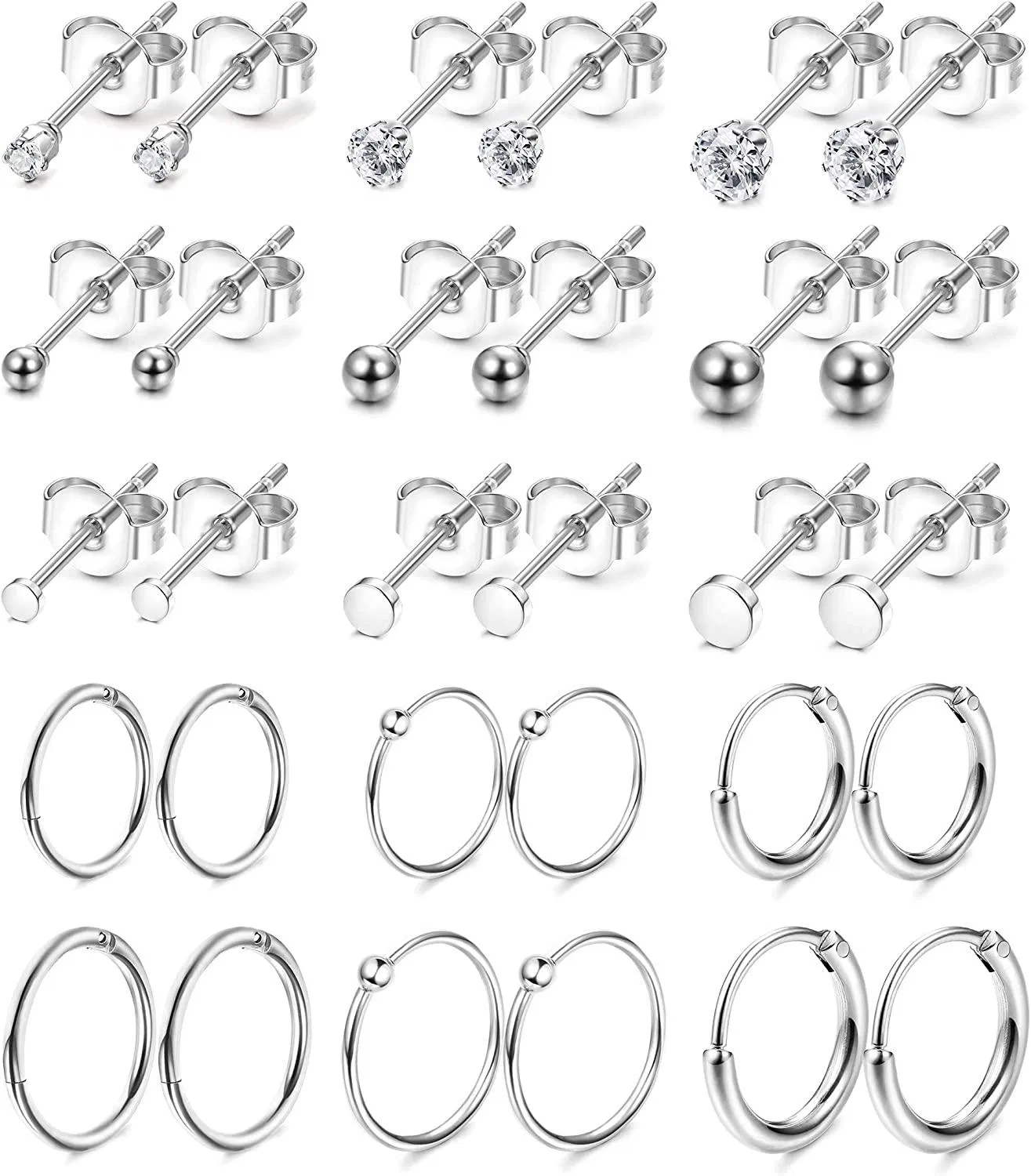 Cartilage Earrings for Men Women Stainless Flat Ball CZ Stud Earrings Hoop Tragus Helix Cartilage Piercing - Grocery