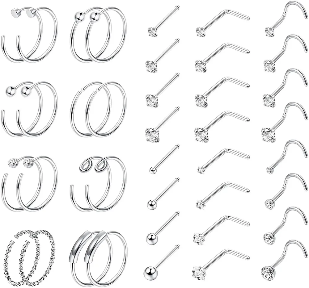 40Pcs 20G Stainless Steel Nose Rings Hoop Bone Screw L Shaped Nose Studs CZ Tragus Cartilage Nose Ring Labret Nose Piercing Jewelry for Men Women Silver - Grocery