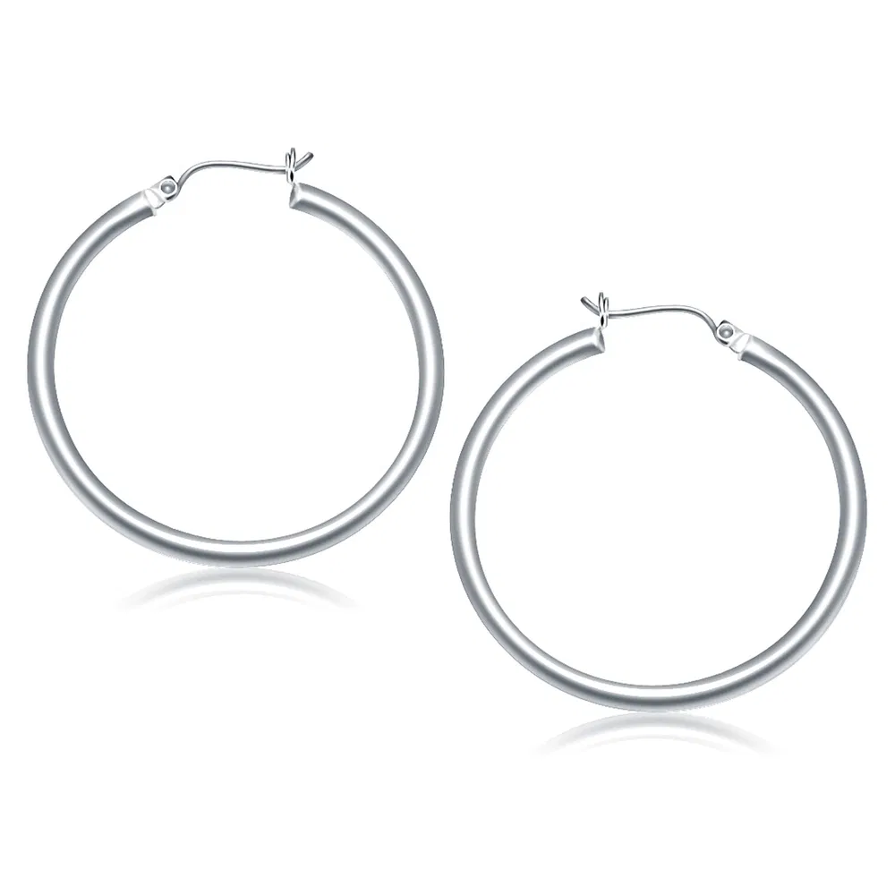 14k White Gold Polished Hoop Earrings (3x40mm) - Grocery