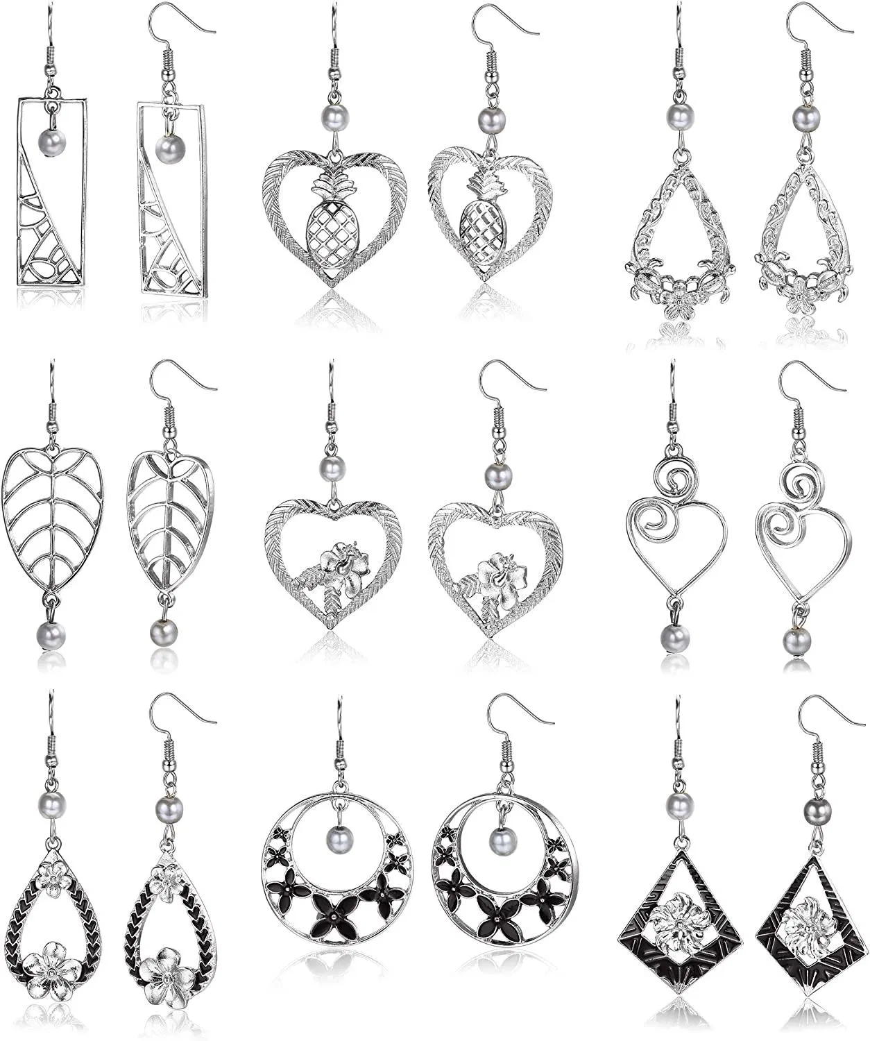 9 Pairs Hawaiian Gold Dangle Earrings for Women Boho Bohemian Earrings Pearl Heart Tortoise Pineapple Flower Polynesian Drop Earring Set - Grocery