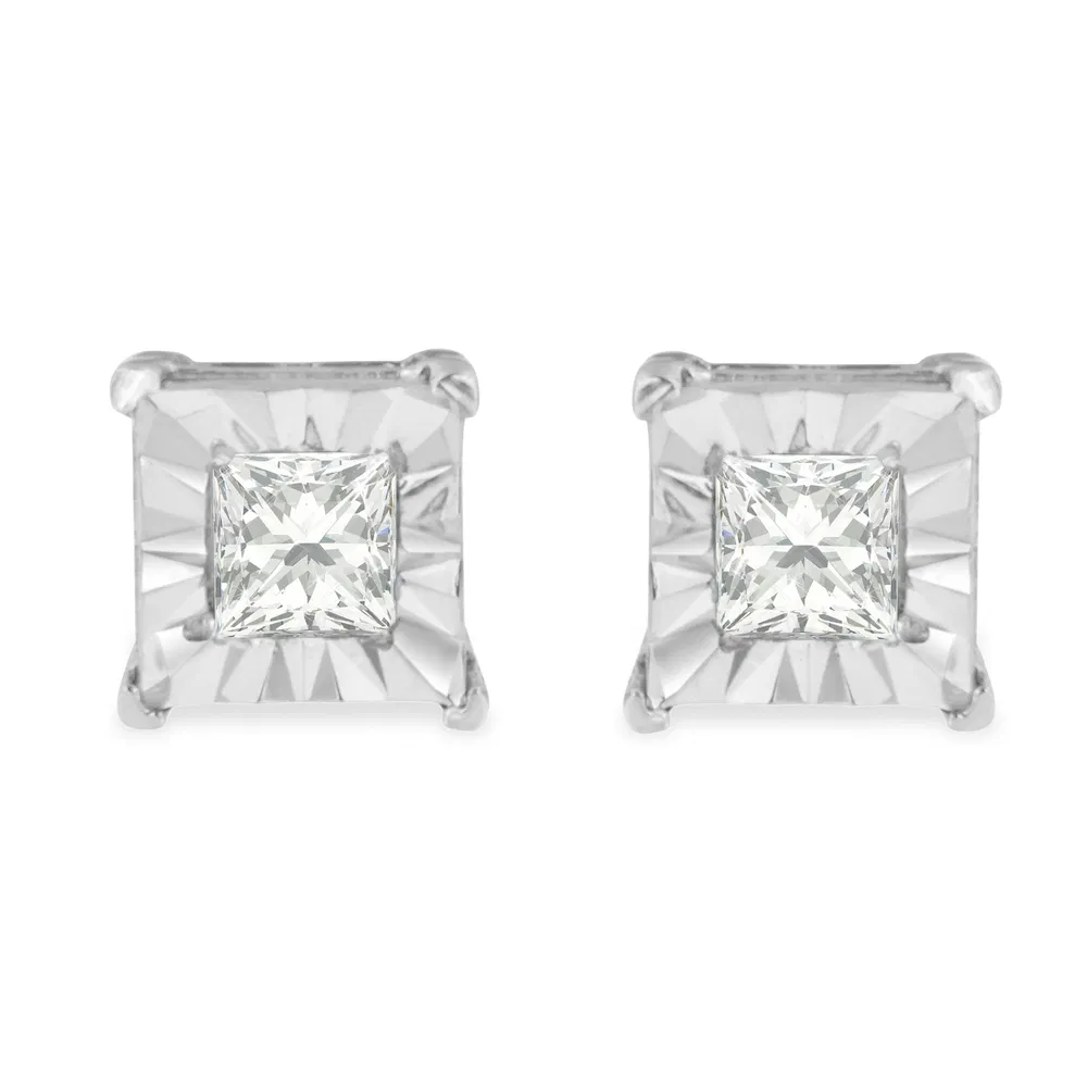 .925 Sterling Silver 1/4 Cttw Princess-Cut Square Near Colorless Diamond Solitaire Miracle-Plate Stud Earrings (H-I Color, I2-I3 Clarity) - Grocery