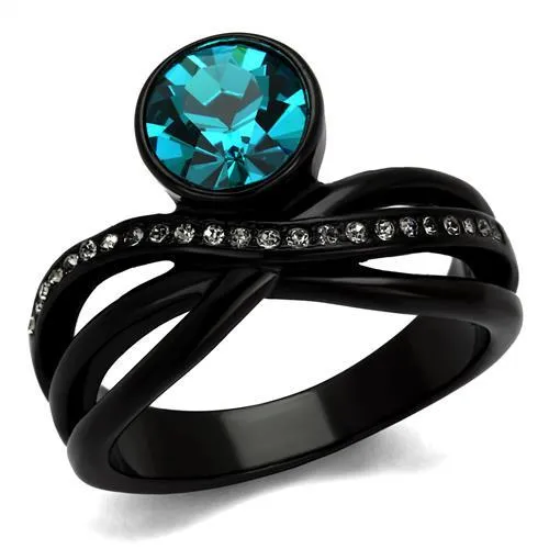TK2488 - IP Black(Ion Plating) Stainless Steel Ring with Top Grade Crystal in Blue Zircon - Grocery