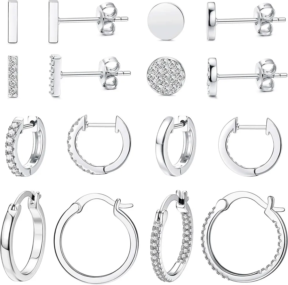 8 Pairs Hoop Huggie Earrings for Women Bar Dot Stud Earrings 14K Gold Plated Cubic Zirconia Cute Earrings Set - Grocery