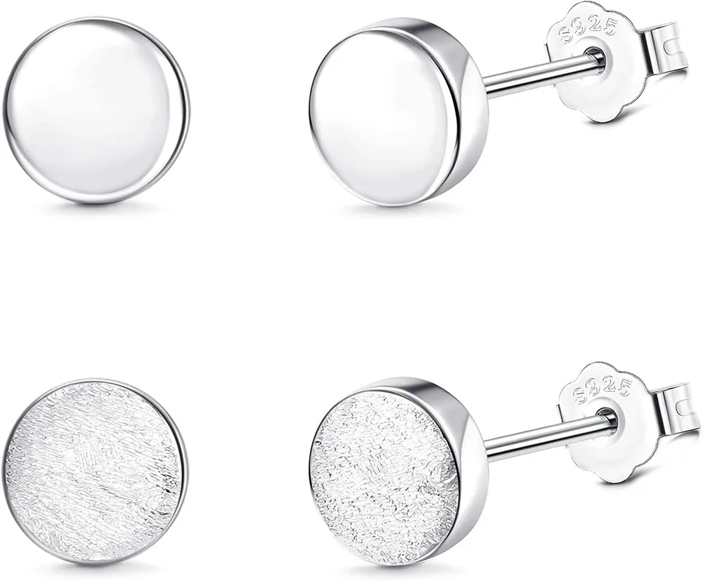 2 Pairs of Small Flat Round 925 Stud Earrings Women Polished and Matt Earrings Set 4-6mm - Grocery