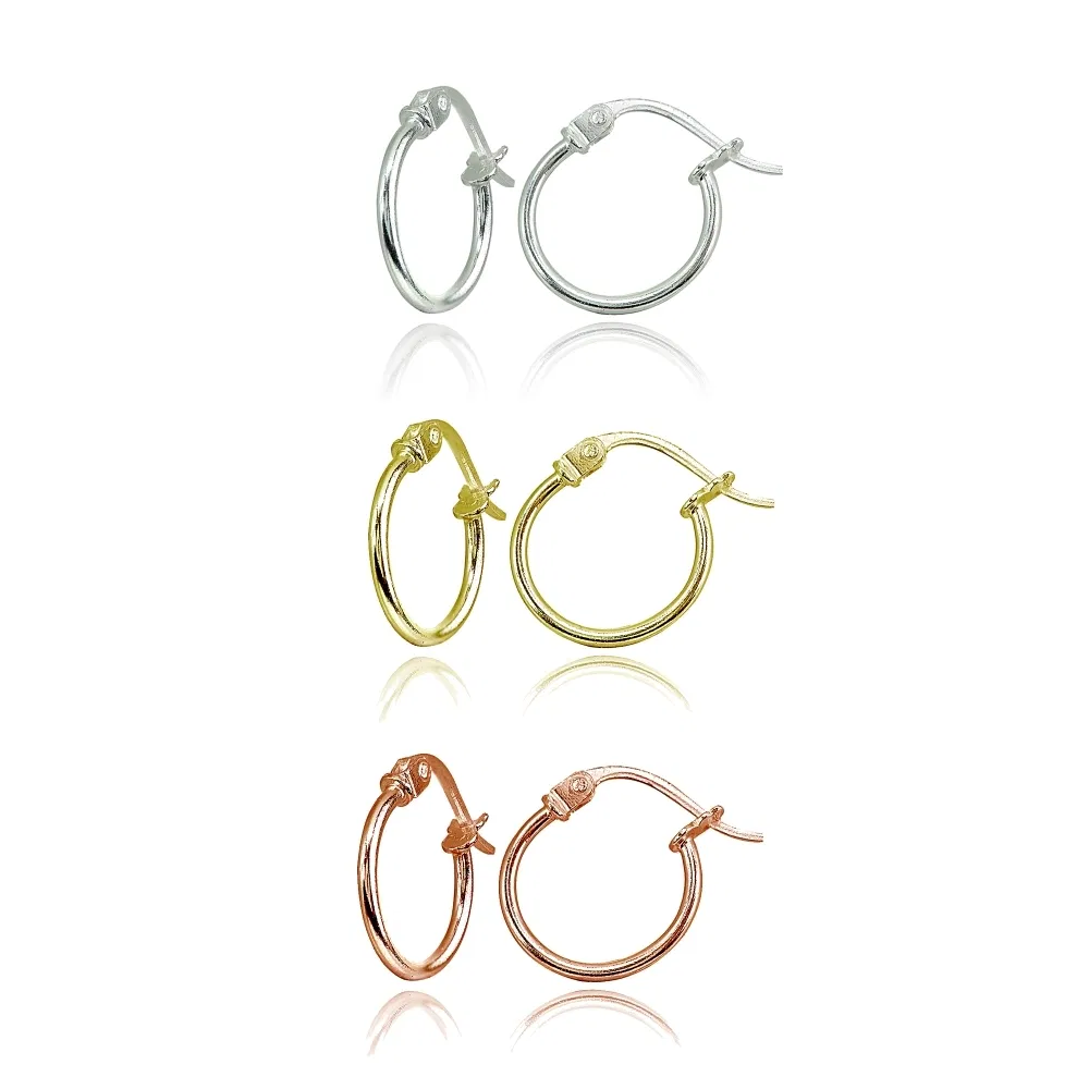 3 Pr Set Silver, Yellow & Rose Gold Flash Small 12mm Round Unisex Hoop Earrings - Grocery