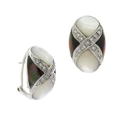 Art Deco Sterling Silver .925 Genuine Gray & White Mother of Pearl MOP Stone Simulated Diamond cz X Inlay Ribbon Design Omega Back Earrings - Grocery
