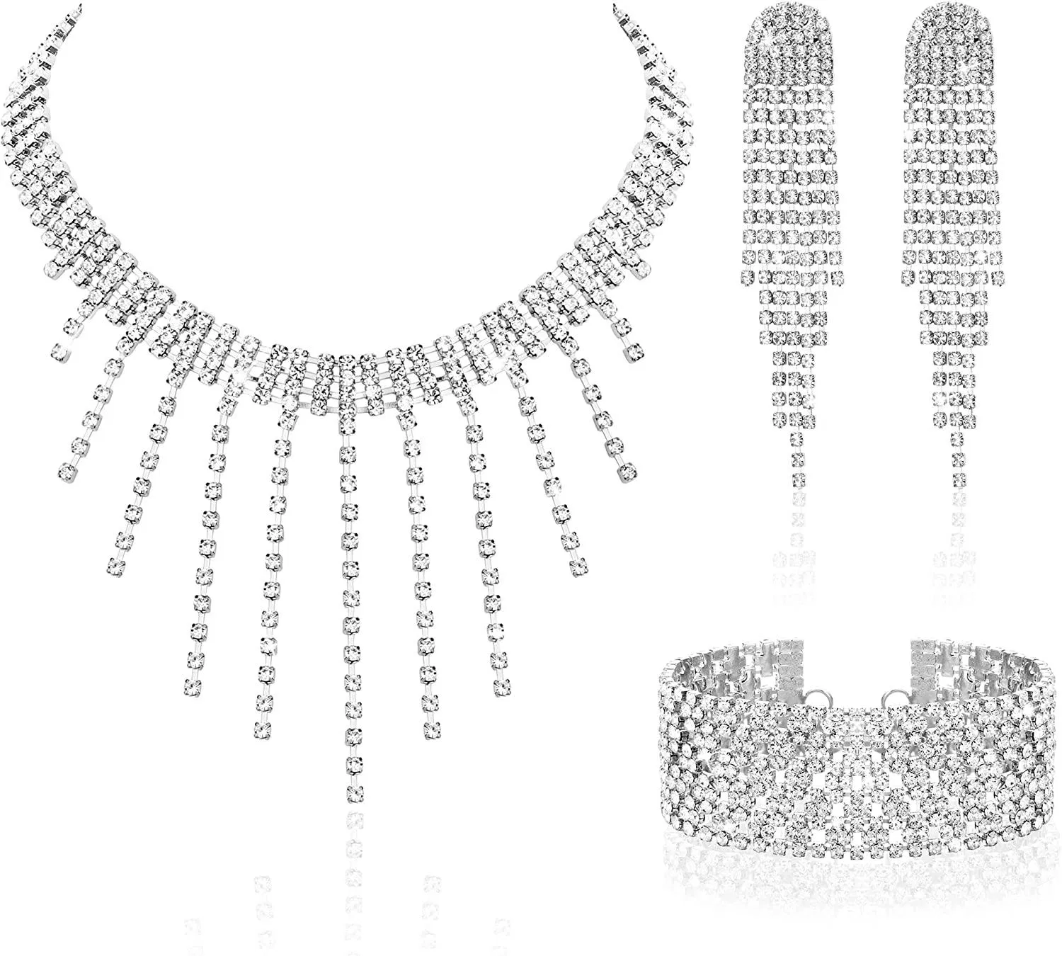 Crystal Set Rhinestone Choker Necklace Stretch Bangle Bracelet Rhinestone Tassel Dangle Earrings Party Costume for Women Bridal Set for Wedding Prom - Grocery