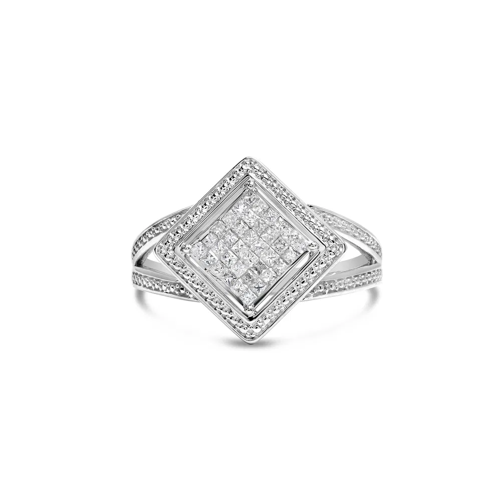 .925 Sterling Silver 1/3 Cttw Invisible Set Princess-Cut Diamond Rhombus and Beaded Halo Ring (H-I Color, SI1-SI2 Clarity) - Grocery